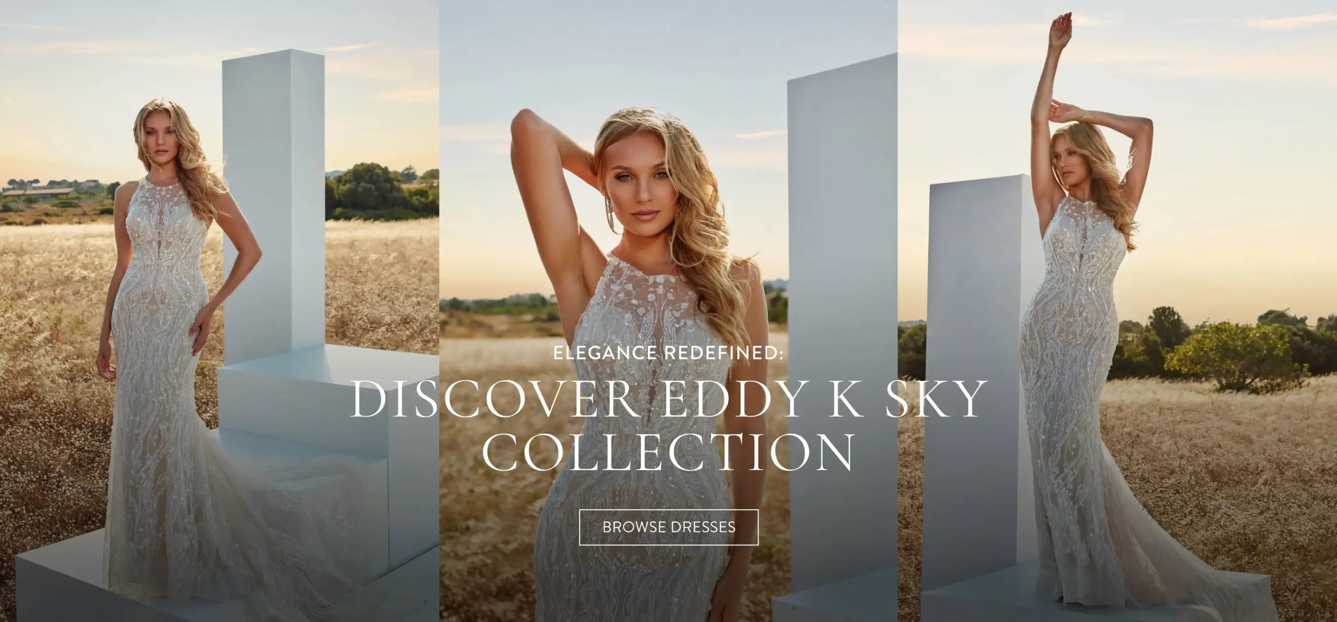 Women wearing a Eddy K sky bridal dress